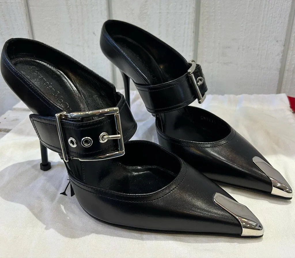 Alexander McQueen Black Leather Hardware Sabot Heels - Size 38