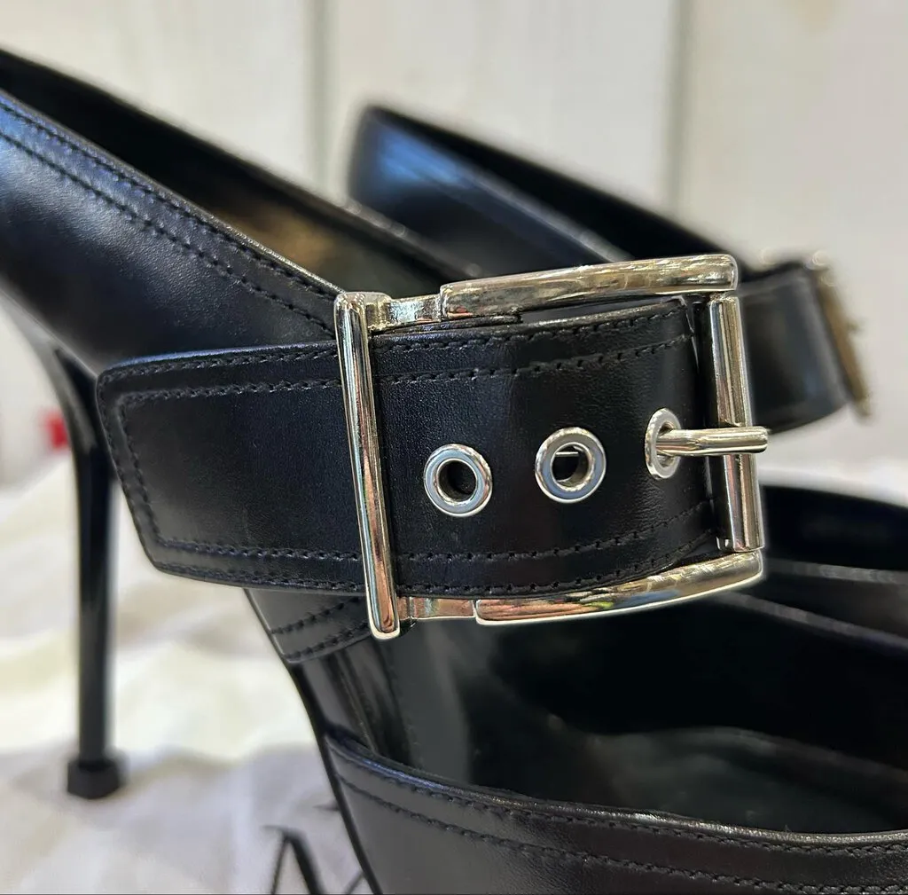 Alexander McQueen Black Leather Hardware Sabot Heels - Size 38