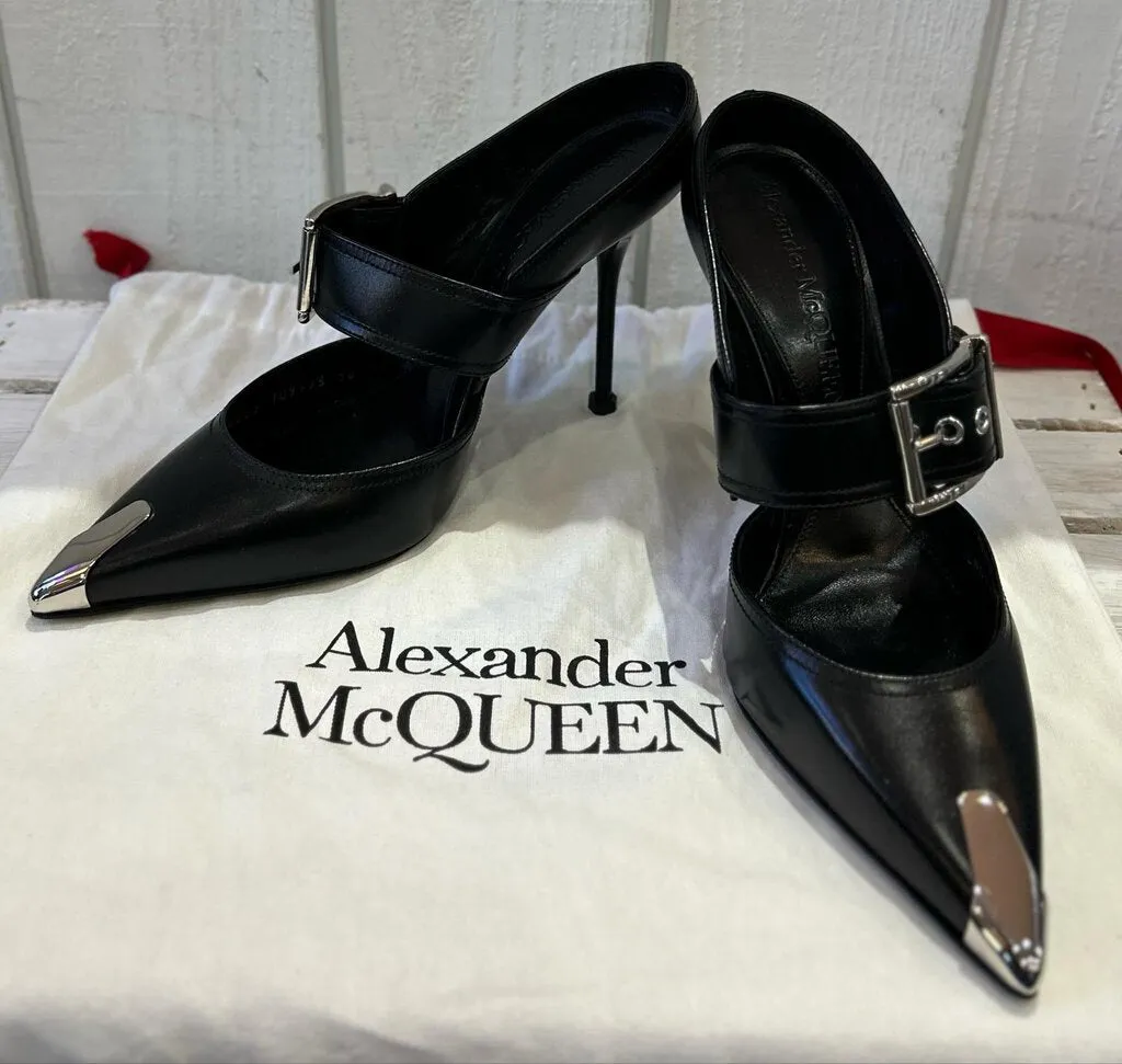Alexander McQueen Black Leather Hardware Sabot Heels - Size 38