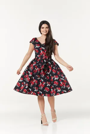 Gigi V Neck Fit and Flare Rose Print Dress Midi Swing Dress
