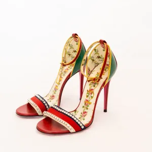 Gucci Pink Leather Crystal embellished Web Sandal Heels  36.5