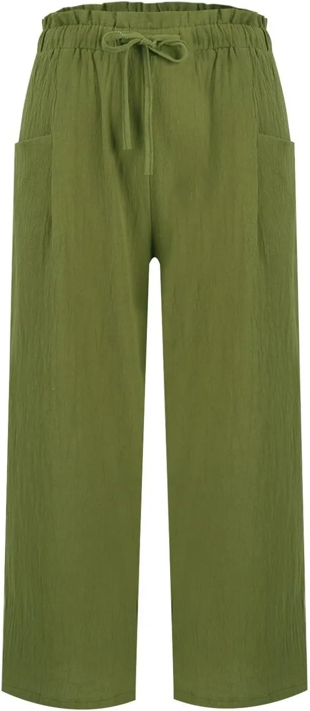 Miyaomn Wide Leg Linen Pants for Women Drawstring Summer Palazzo Flowy Pants Casual Loose High Waisted Trousers with Pockets