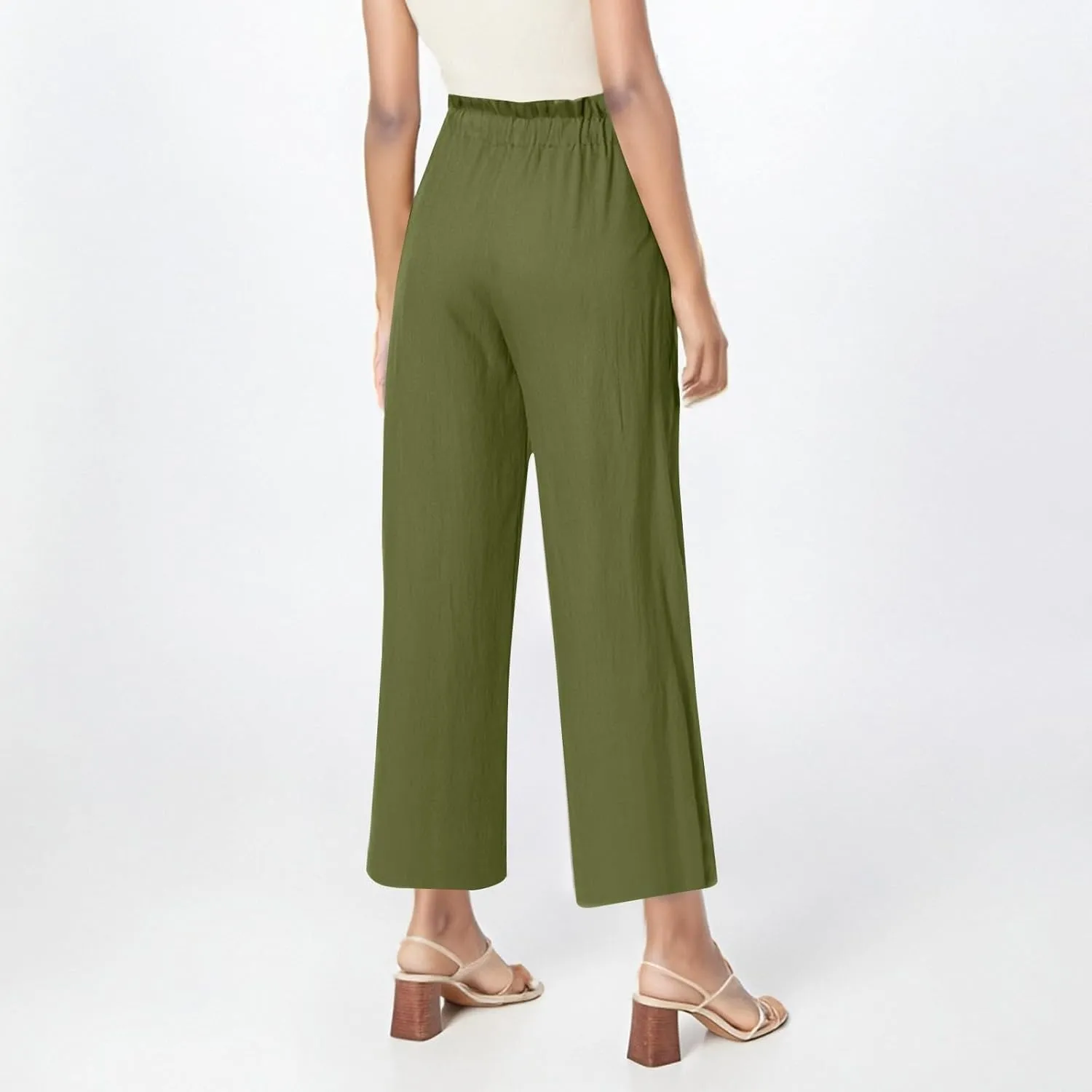 Miyaomn Wide Leg Linen Pants for Women Drawstring Summer Palazzo Flowy Pants Casual Loose High Waisted Trousers with Pockets