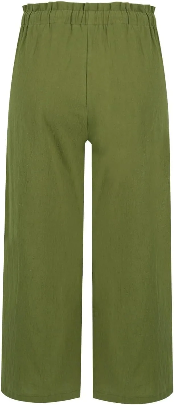 Miyaomn Wide Leg Linen Pants for Women Drawstring Summer Palazzo Flowy Pants Casual Loose High Waisted Trousers with Pockets