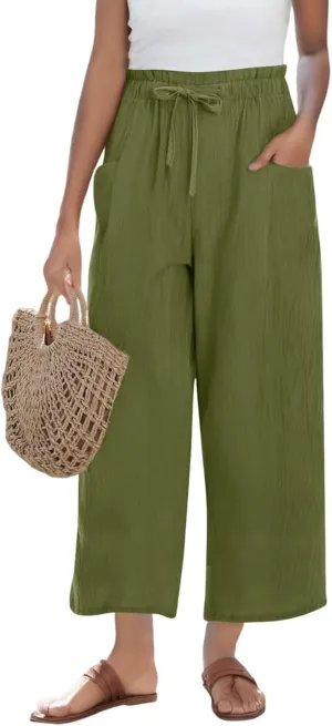 Miyaomn Wide Leg Linen Pants for Women Drawstring Summer Palazzo Flowy Pants Casual Loose High Waisted Trousers with Pockets
