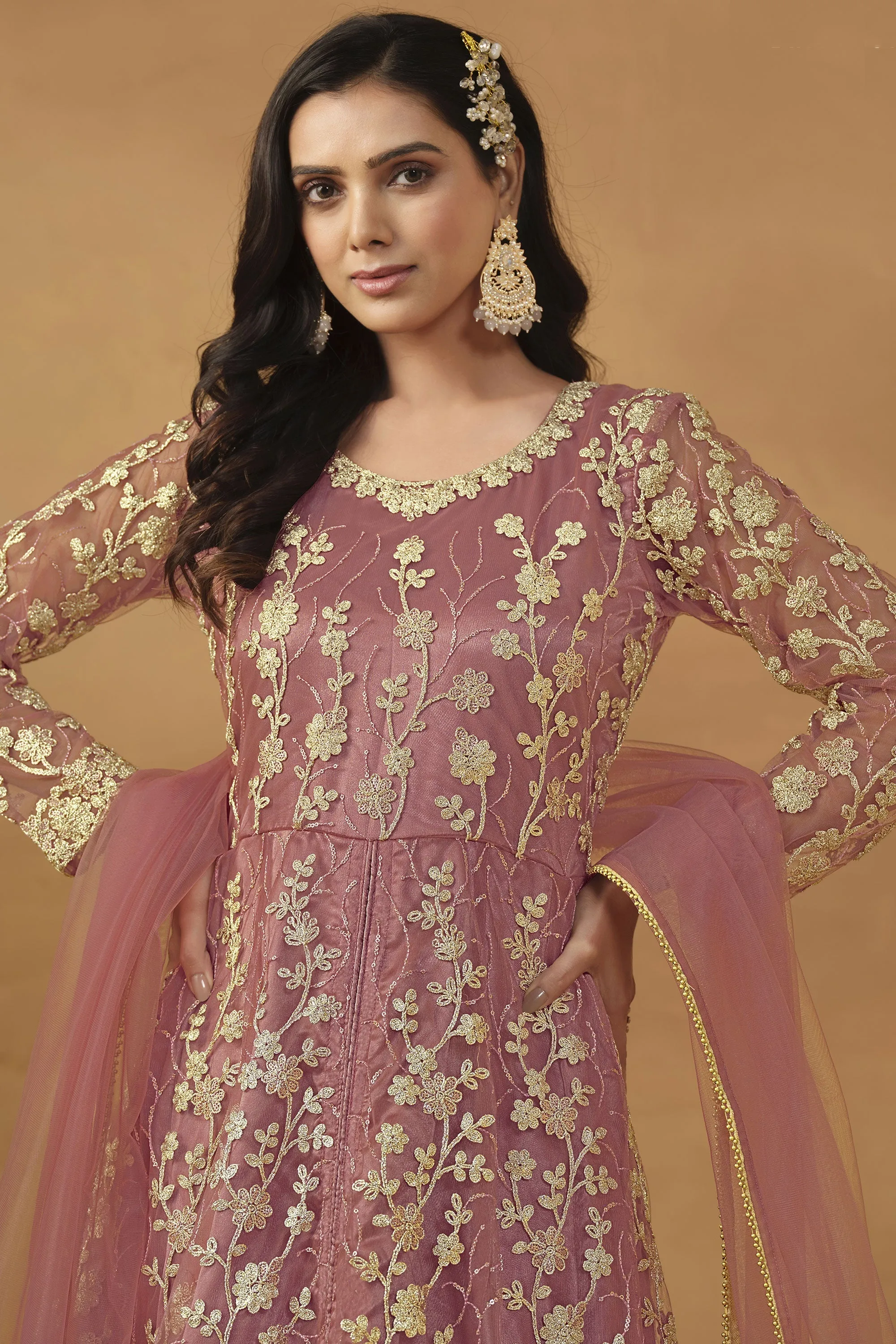 Pink Color Function Wear Net Fabric Charismatic Anarkali Suit