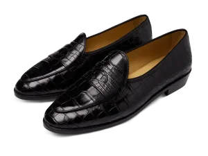 Sagan Ginkgo Precious Leather Loafers in Obsidian Black Crocodile