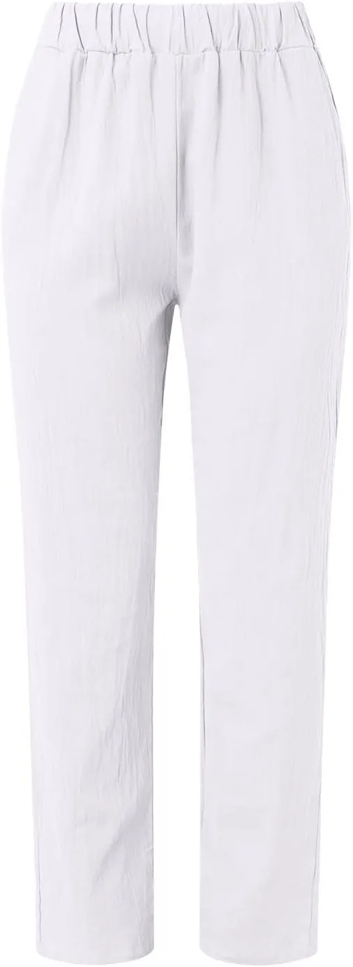 Striped Linen Pants Women Summer Crop Causal Pants Button Side Elastic Waist Straight Leg Pants with Pockets Beach Trousers