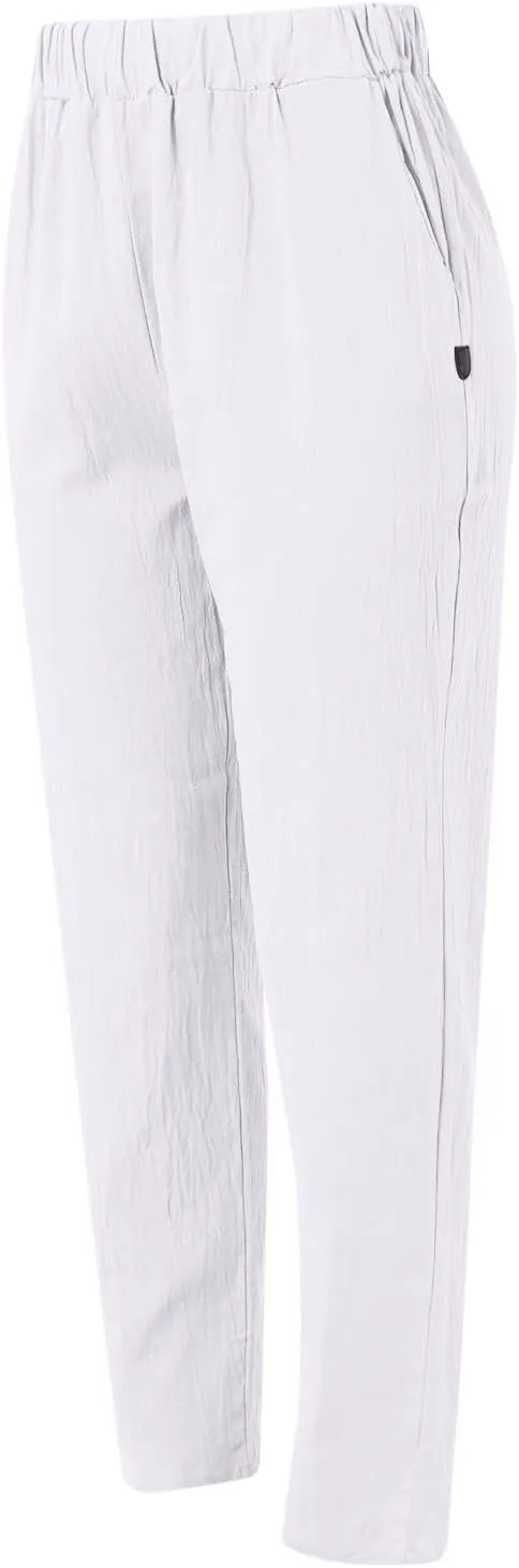 Striped Linen Pants Women Summer Crop Causal Pants Button Side Elastic Waist Straight Leg Pants with Pockets Beach Trousers