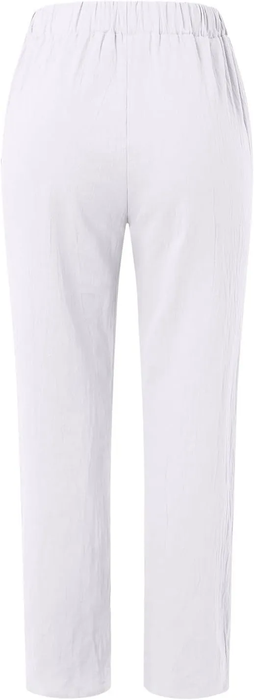 Striped Linen Pants Women Summer Crop Causal Pants Button Side Elastic Waist Straight Leg Pants with Pockets Beach Trousers