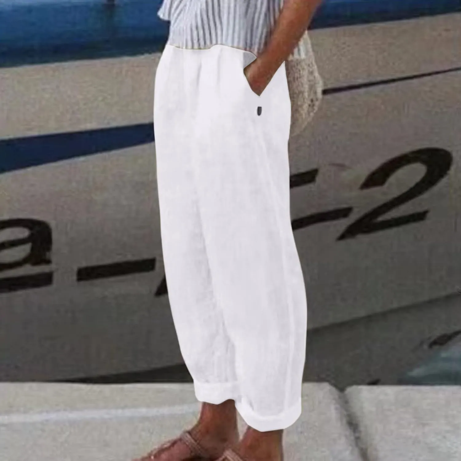 Striped Linen Pants Women Summer Crop Causal Pants Button Side Elastic Waist Straight Leg Pants with Pockets Beach Trousers