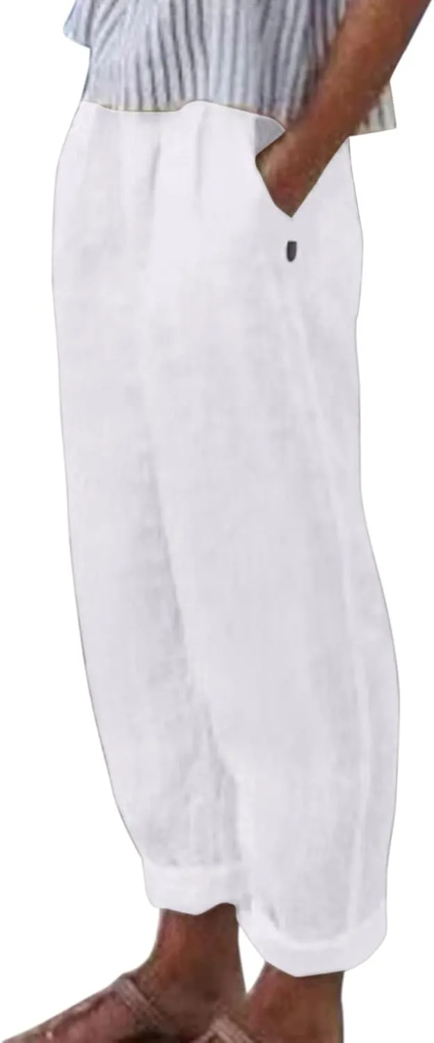 Striped Linen Pants Women Summer Crop Causal Pants Button Side Elastic Waist Straight Leg Pants with Pockets Beach Trousers