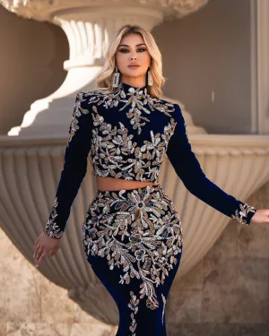 Tilda Navy Blue Dress with Two-Pieces and Crystal Details