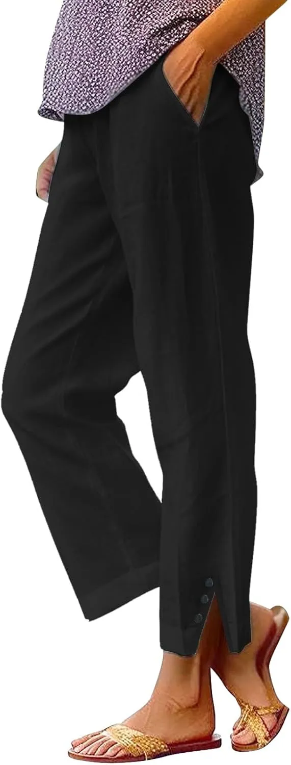 Wide Leg Pants Woman Solid Elastic Pants Long Drawstring Linen Women Waist Cotton Casual Womens Business Casual