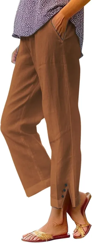 Wide Leg Pants Woman Solid Elastic Pants Long Drawstring Linen Women Waist Cotton Casual Womens Business Casual
