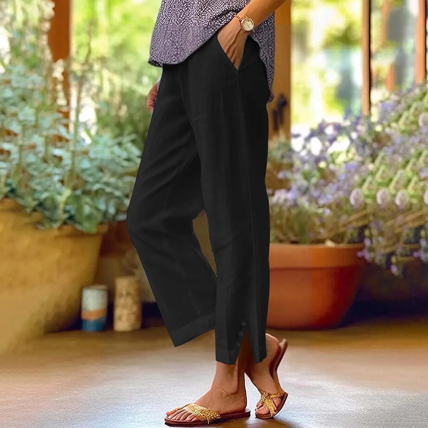 Wide Leg Pants Woman Solid Elastic Pants Long Drawstring Linen Women Waist Cotton Casual Womens Business Casual